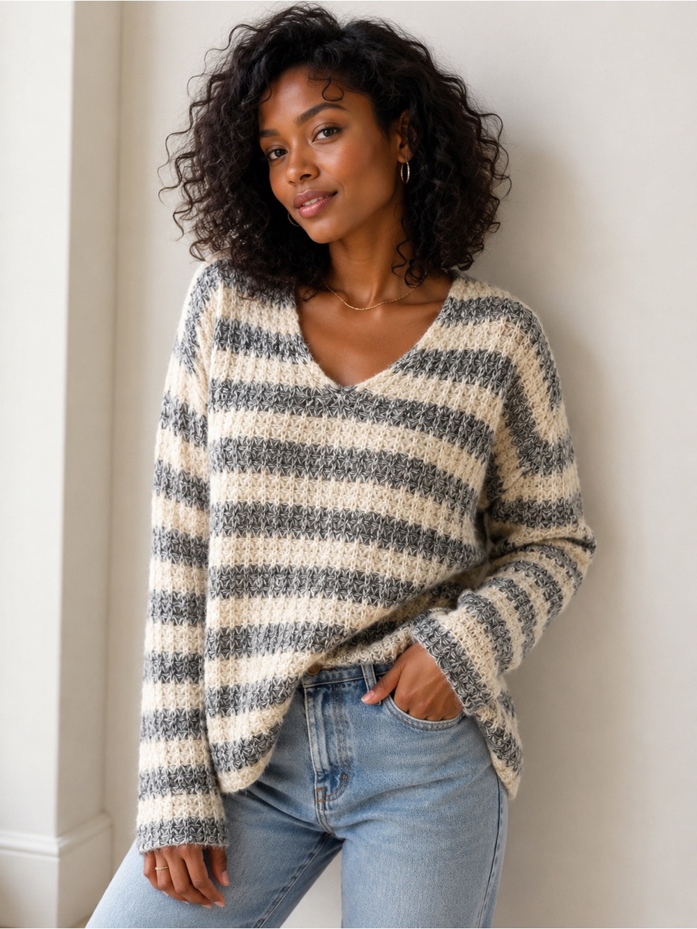 hinge Striped V-Neck Sweater in Cream and Gray